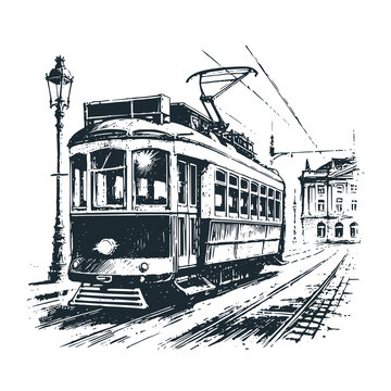 recommend clip art: The vintage tram. Black white vector illustration.
                    