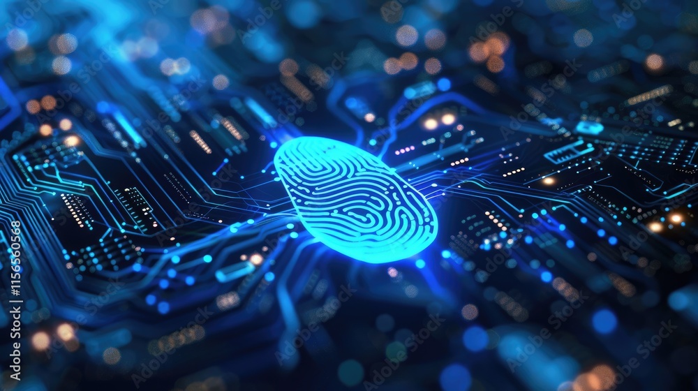 Wall mural a glowing fingerprint on a circuit board, symbolizing digital security and identity verification.