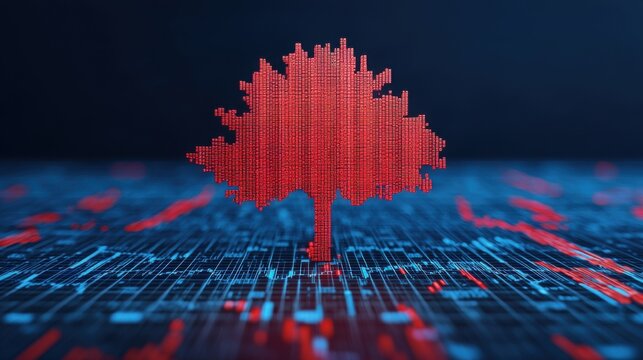 Business growth through investment diversification concept Digital tree with red lines on a blue grid background representing technology and nature synergy.
