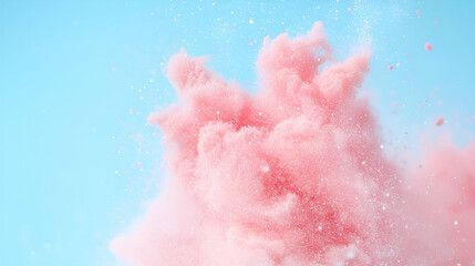 Fototapeta premium Pink Powder Explosion, A Cloud of Delicate Hues Bursts Against a Light Blue Background, Creating a Dreamlike, Textured Scene with a Whimsical Feel.