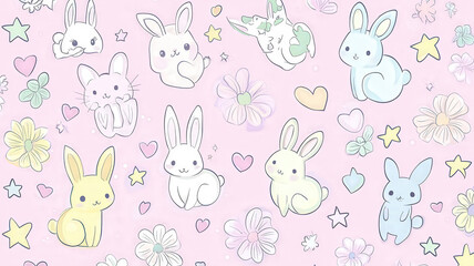 A pastel pink background featuring kawaii-style rabbits, puppies, and kittens in soft pastel colors, surrounded by flowers, stars, and hearts, creating a cute and playful atmosphere.