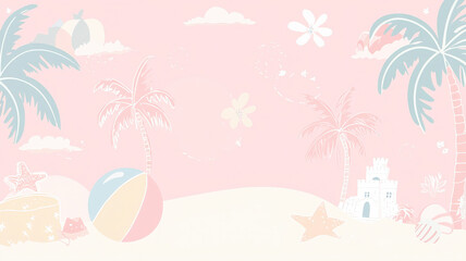 A pastel pink beach background featuring kawaii-style palm trees, beach balls, and cute sandcastles in soft shades, creating a fun and playful tropical atmosphere.
