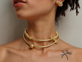 Close-up of a woman wearing an elegant gold necklace and earrings, showcasing minimalistic jewelry with a delicate tattoo on her shoulder