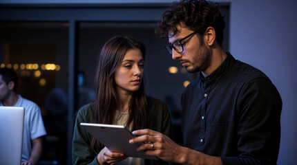 Young professionals collaborating on a tablet in a modern office at night, serious expressions, dim lighting creating a focused and tech-oriented atmosphere