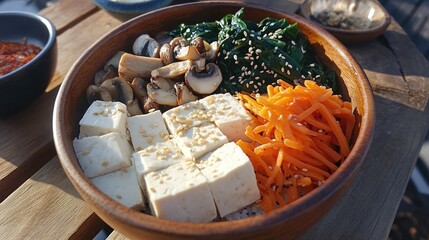 Colorful and Healthy Vegan Bowl with Tofu and Fresh Vegetables