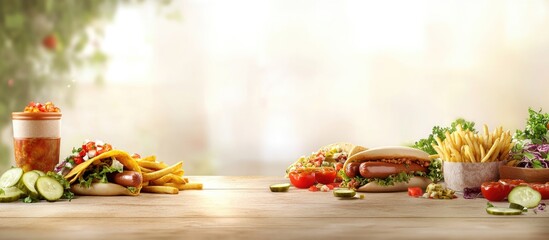 Gourmet hot dogs tacos and crispy French fries on a wooden table with fresh ingredients and blank space for promotional text