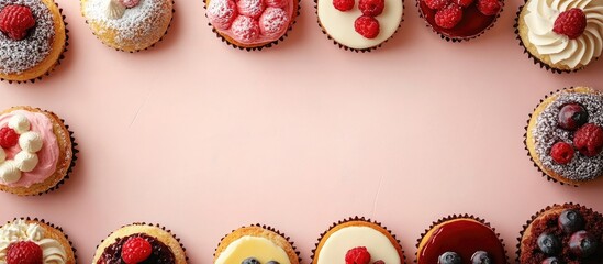Delicious assorted cupcakes elegantly displayed in a bakery setting with ample empty space for customizable text or branding