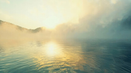 Obraz premium A serene foggy morning over a tranquil lake, with mist rising from the water and soft golden sunlight filtering through the fog, creating a peaceful and dreamy atmosphere.