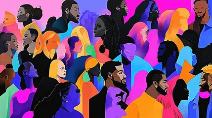 Vibrant colorful portraits, diverse people, stylized figures.