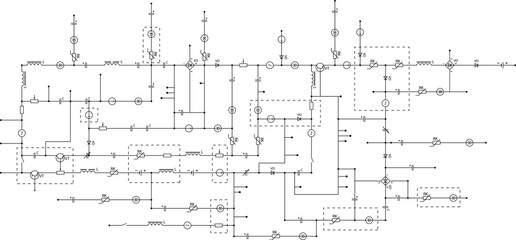 Electrical circuit diagram. Light industry design element from components of conductors, connections, contour, controllers, transistors © KsanaGraphica