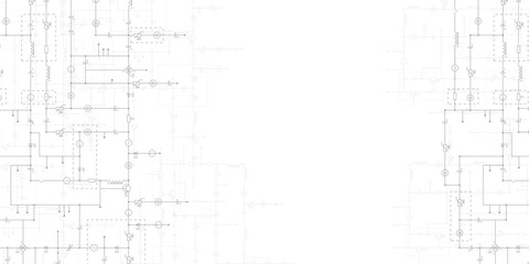 Electrical circuit diagram. Light tech background with borders from components of conductors, connections, controllers, transistors
