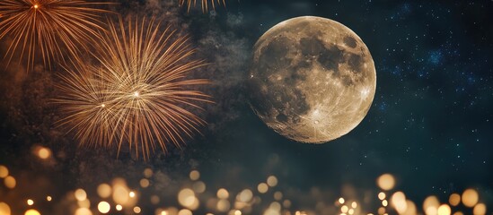 Spectacular fireworks illuminate a night sky featuring a vibrant full moon with ample space for...