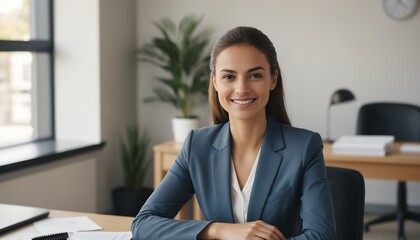 Portrait of young confident smiling business woman , looking forward in front of desk in office generative ai
