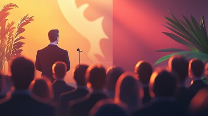 Naklejka premium Dynamic Speaker at Bustling Business Seminar Delivering Key Insights