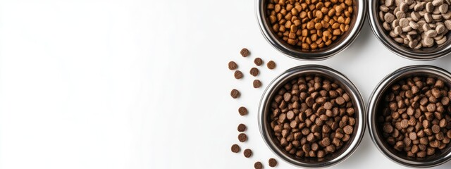 Fototapeta premium Dog Bowls with Various Pet Food Types on White Background and Empty Space for Custom Text or Ad Copy