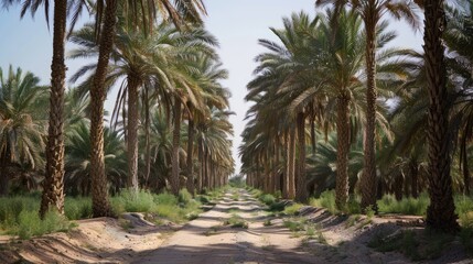 A serene path lined with palm trees in a lush landscape.
