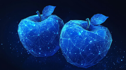Two apples. Low poly blue. Polygonal abstract diet illustration. In the form of a starry sky or space. Vector image in RGB Color mode.