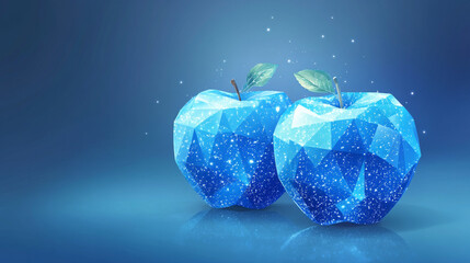 Two apples. Low poly blue. Polygonal abstract diet illustration. In the form of a starry sky or space. Vector image in RGB Color mode.
