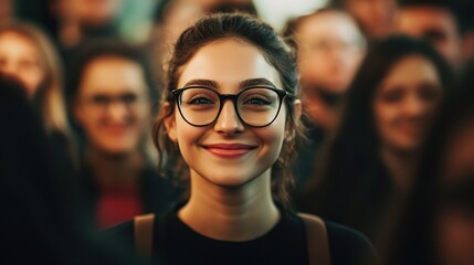 Obraz premium Smiling Woman in Glasses in a Crowd of People During Event