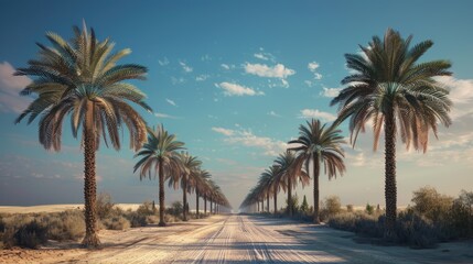 A serene dirt road lined with palm trees under a clear blue sky.
