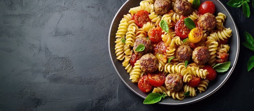 Delicious capeletini pasta with meatballs and tomato sauce garnished with grape tomatoes on a dark plate ready for culinary presentations