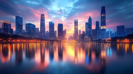 City Skyline Reflected in Water at Sunset