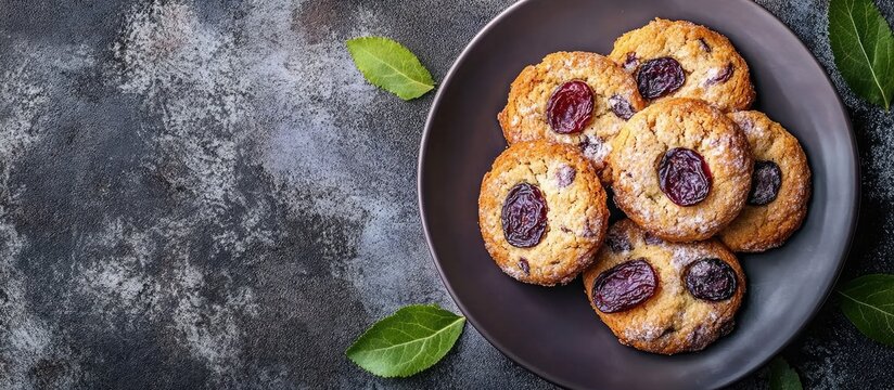 Biscuit cookies filled with dried plums on a dark plate with green leaves and empty space for text or branding design