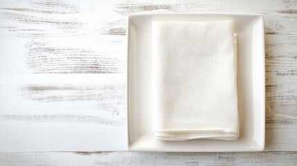 Elegant White Napkin Folded on Square Plate for Ceremony Table Setting with Copy Space for Text Top View Professional Composition