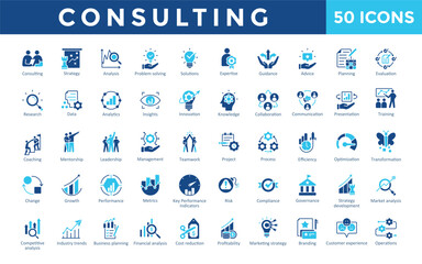 Consulting icons set with consulting, strategy, analysis, problem solving, solutions, expertise, guidance, advice, planning, evaluation icon. Simple flat vector 
