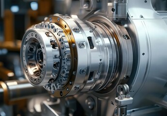 Close-up of an industrial engine's main lens, showcasing its complex mechanical components and intricate designs.