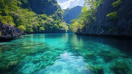Tropical lagoon with crystal clear water surrounded by lush greenery and rock formations ideal for serene nature backgrounds and text overlay