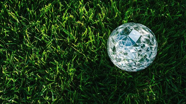 Crystal globe resting on lush green grass representing global collaboration eco-friendly initiatives with ample space for text and branding