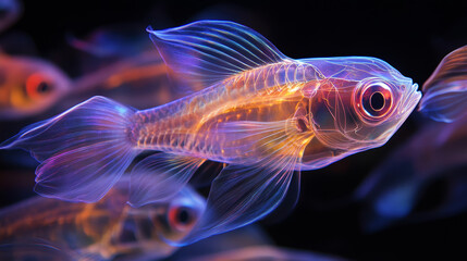 Fototapeta premium Hologram fish. A holographic projection of the fish. Flickering energy flux of particles. Scientific design animals.