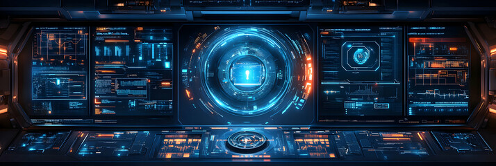 Fototapeta premium Futuristic Control Panel, System Access Granted via Secure Interface. Cyberpunk, Sci-Fi, Technology, Interface