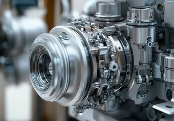 Close-up of an industrial engine's main lens, showcasing its complex mechanical components and intricate designs.