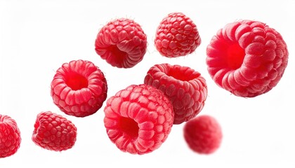 Fresh Ripe Raspberries Flying in the Air: Isolated on White Background