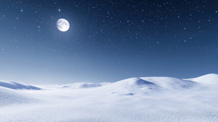 A tranquil snowy landscape illuminated by soft moonlight, with a clear, star-filled sky overhead, creating a serene and peaceful winter scene with the snow glistening under the night sky.
