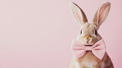 Obraz premium Joyful Easter Bunny Rabbit with Large Bow on Pink Background Ideal for Seasonal Promotions and Greeting Cards Creative Copy Space Included