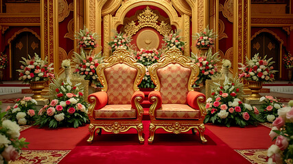 Ornate Royal Throne Room Decorated with Flowers