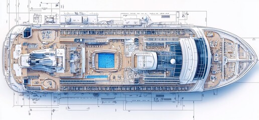A blueprint of a luxury cruise ship showcasing various amenities and layouts.
