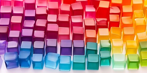 Fototapeta premium Little glass and plastic cubes stacks on white background illustration background, colorful cubes in rainbow colors