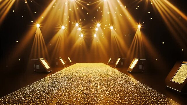 4K 3D award party stage golden stage glitter animation. Stars, lights and particles. Luxury gold light streak. Particle, luxury awards ceremony background, awards performance. 3D illustration
