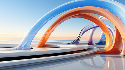 Obraz premium Futuristic Cityscape with Abstract Colorful Structures and Reflections