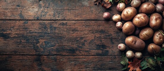 Obraz premium Freshly Harvested Potatoes on Rustic Wooden Table Showcasing Natural Textures and Earthy Aesthetic with Empty Space for Copy or Branding