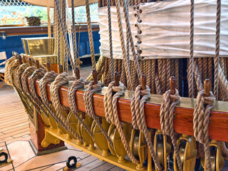 Ropes stretched across the masts of an old ship