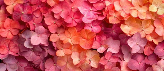 Obraz premium Vibrant floral live wallpaper background showcasing pink, red, and orange hydrangeas with ample space for personalized text and design elements.