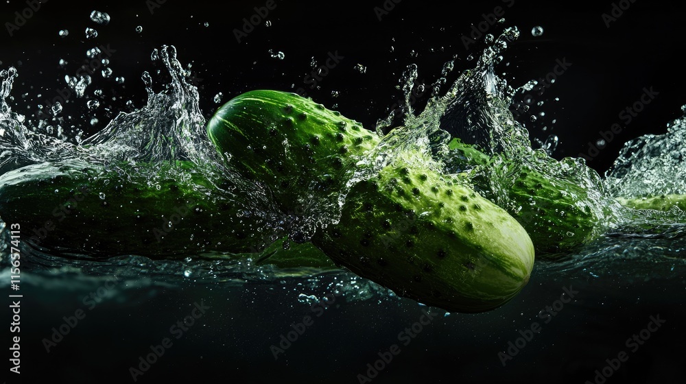 Poster cucumber splashing into cold water creating dynamic waves with dark background and empty space for t