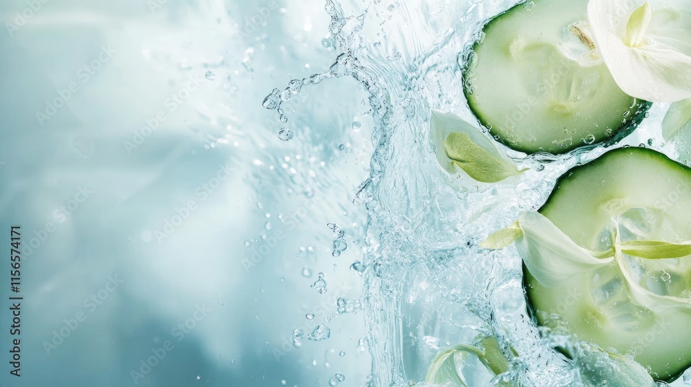 Poster cucumber slices splashing in water with refreshing effect and empty space for text or promotional co