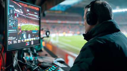 Fototapeta premium VAR hologram. Digital and technological background of video assistant referee. Football field hologram