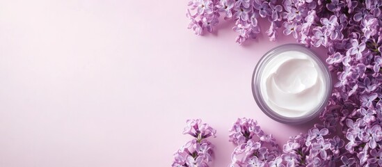 Lilac flower background with face cream jar and blank space for text promoting skincare products and beauty treatments